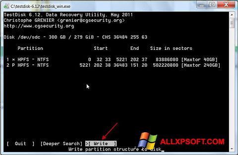Screenshot TestDisk for Windows XP
