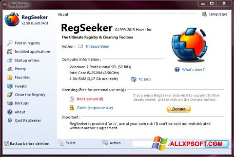 Screenshot RegSeeker for Windows XP