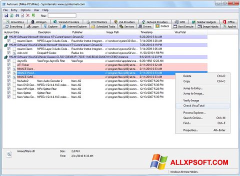 Screenshot AutoRuns for Windows XP