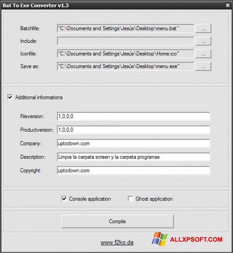 Screenshot Bat To Exe Converter for Windows XP