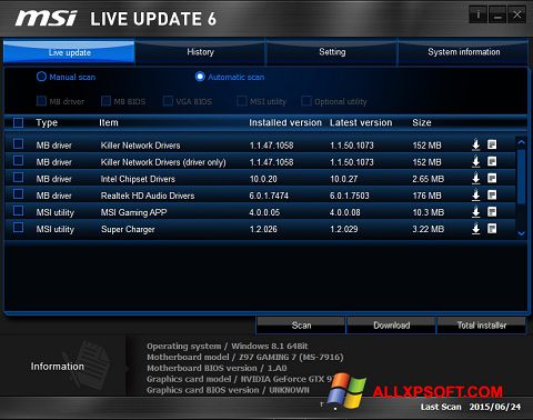 Screenshot MSI Live Update for Windows XP
